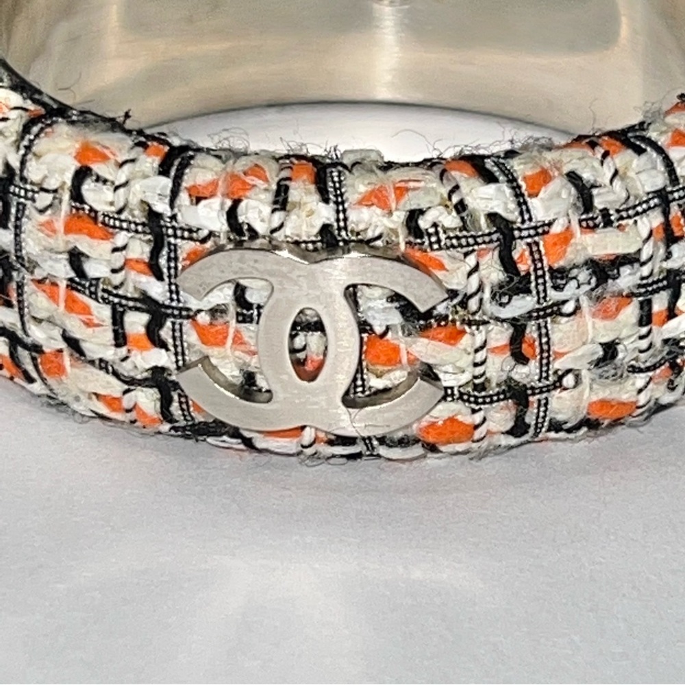 AUTH Chanel Orange Cream Tweed Bangle Bracelet Silver Metal CC Logo - Picture 3 of 11